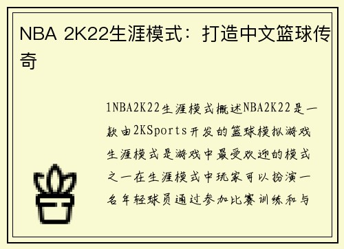NBA 2K22生涯模式：打造中文篮球传奇