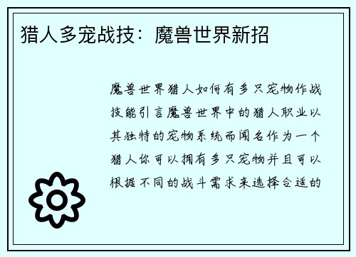 猎人多宠战技：魔兽世界新招